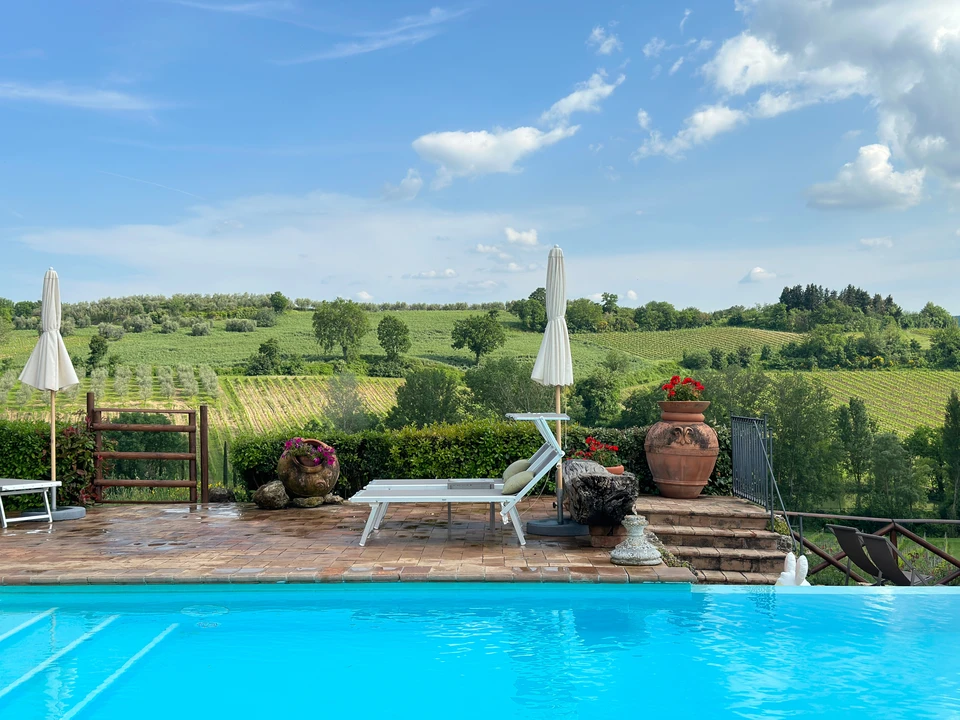 Piscine extérieure avec échelle métallique en inox, plage de piscine en dalles beiges, ponton en bois exotique